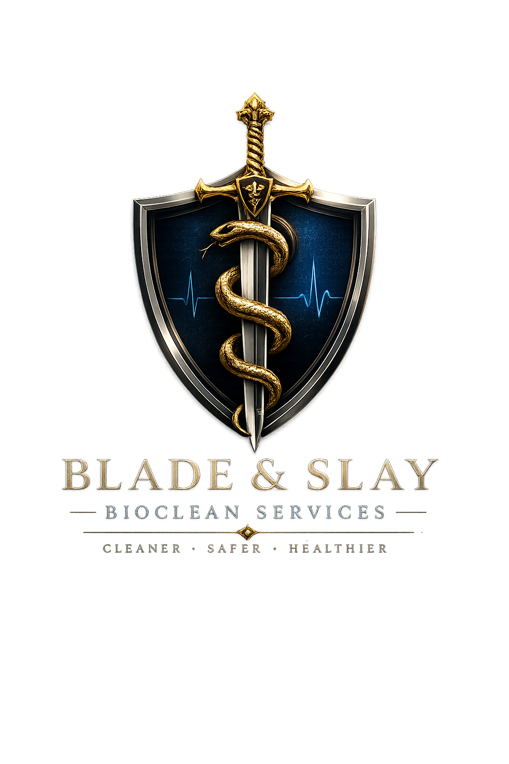 Blade & Slay BioClean Services — shield, sword and serpent crest