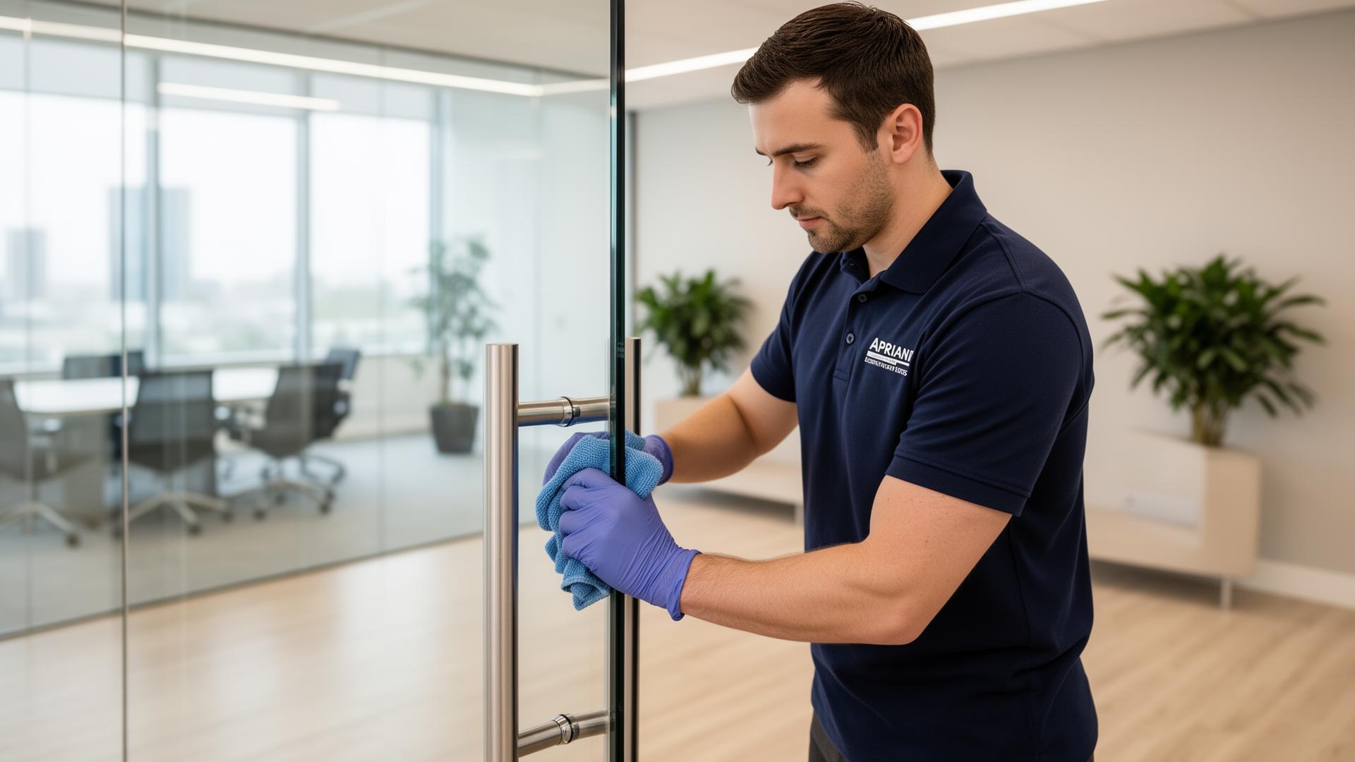 Professional technician in PPE disinfecting high-touch surfaces in a modern commercial facility